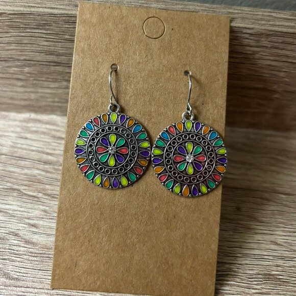 Multicolored Circle Medallion Enamel Dangle Earrings - Picture 1 of 2